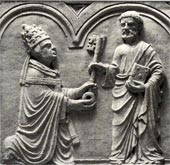 Pope Urban VI (1378–1389) receives the keys to his position of office from St. Peter.