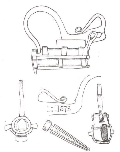 Sketch of a padlock with springs and hinged shackle, dated 1575