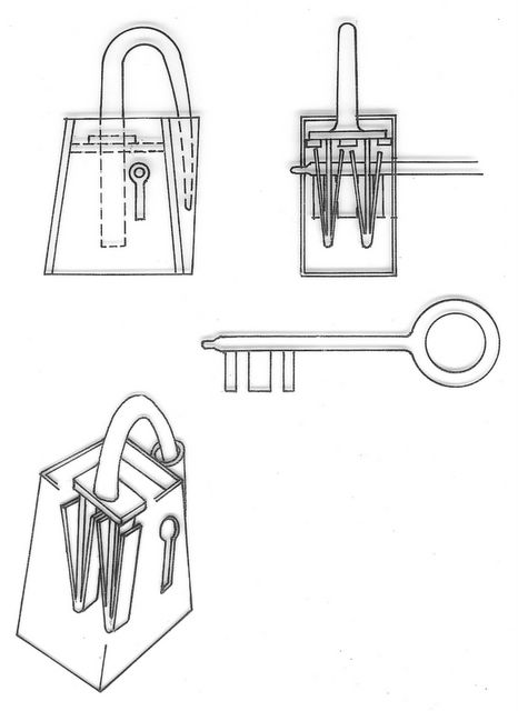 Hänglås med spärrfjädrar och vridnyckel från vikingatid