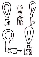 Reconstructed iron keys from Helgö, 8th–9th C. They were used in turn-key locks and sliding bolt locks.