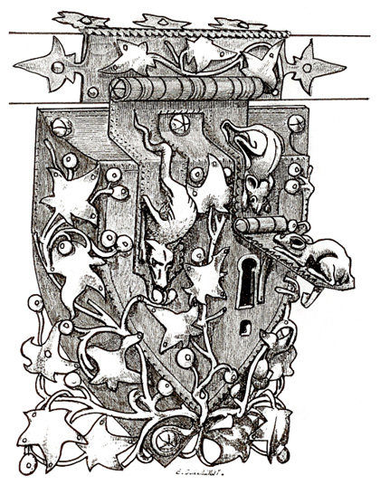 Gotiskt överfallslås, dubbelt. Nyckelhålen bevakas av två möss och en drake. Dictionnaire du Mobilier Francais. E E Viollet-le-Duc, 1809