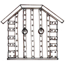 The gable of a medieval chest with a gambrel roof-type lid.