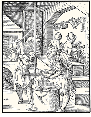 Klensmeder i arbete under 1500-talet. Kopparstick