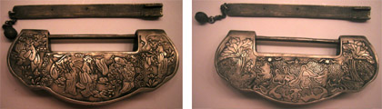 Aluminum “wedding lock” with ornamentation in relief. Both sides shown. Photos by the author.