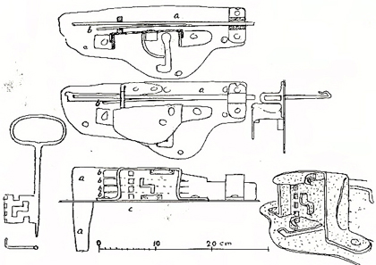 Draglås av järn med fyra spärrfjädrar, nyckelkupa med fasta  spärrar samt nyckel. Teckning i "Låset förr och nu".