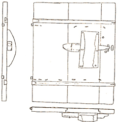 Pull lock with the mechanism built into a half woodstock. A door to a sleeping loft from the late Middle Ages in Idbäck, parish of Malung, Dalarna. Sketch in Folk-liv 1942.