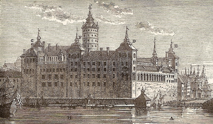 The old Tre Kronor castle in Stockholm, with the central tower in the middle.