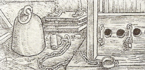 Fotboja med kedja och hänglås. Detalj av En bild från Nürnberg, Tyskland, 1517.