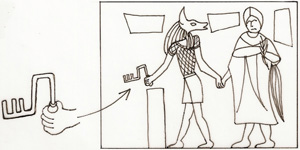 Den egyptiska Guden Anubis (som beledsagare) med en lakonisk nyckel. Ca 100 e Kr. Teckning förf.