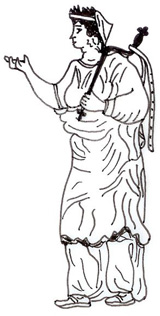 Grekisk kvinna med en vinkelböjd bronsnyckel. Teckning förf.