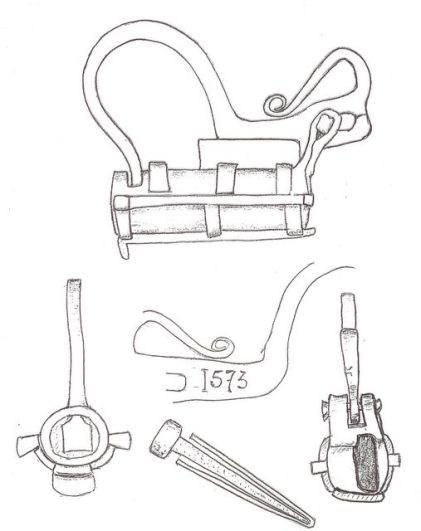 Tecknad bild av hänglås med spärrfjädrar och gångjärnsbygel daterat 1575