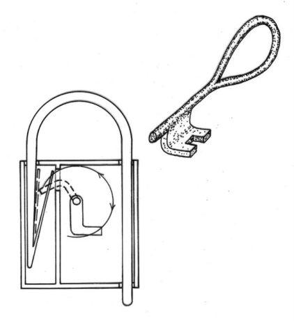 Sketch of a Viking-Era padlock with springs and turning key