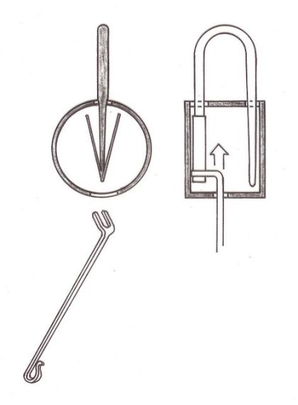 Sketch of a Viking-Era padlock with springs and turning key