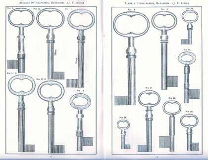 Nyckelämnen för bl a kammarlås, låd- och skåpslås, förråds- och redskapsbodar. Produktkatalogen 1926.