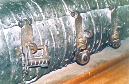 Iron-bound dugout chest from the Övergran Church in Uppland. Swedish Museum of National Antiquities in Stockholm.