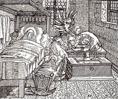 Den heliga familjen. Uppbrottet till Egypten. Kistan var en naturlig del av hemmets inredning. Bilden: Niels Hemmingsens postilla 1576.