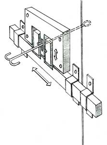 Wooden pin tumbler lock with iron key.