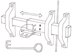 Roman sliding bolt lock of wood with metal key, circa 300 AD.