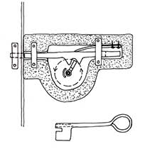 Woodstock lock with spring, bolt, and key of iron, late 14th century.