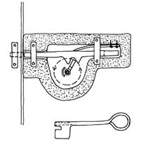Stocklås av trä med fjäder, regel och nyckel av järn, slutet av 1300-talet.