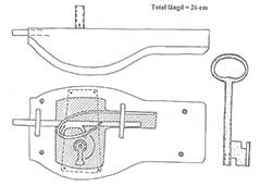 Woodstock lock with tumbler, bolt, and key of iron, 18th century.