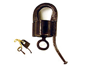 Polhem lock by Adolf Ståhl, Eskilstuna. The largest is 15 cm high and 6 cm wide. The small one is made of brass and is 3.8 cm high and 5.5 cm wide.