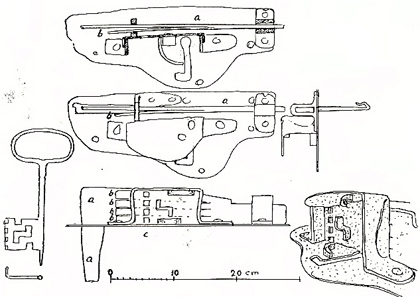 Iron pull lock with four ward springs, box of wards with