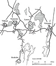 Karta med fem av fyndplatserna inritade