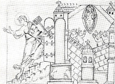 Peters kamp med djävulen och de osaligas fördömelse. St Ethelwolds- Manuskripten, Winchester. British Museum, London. 900-talet.